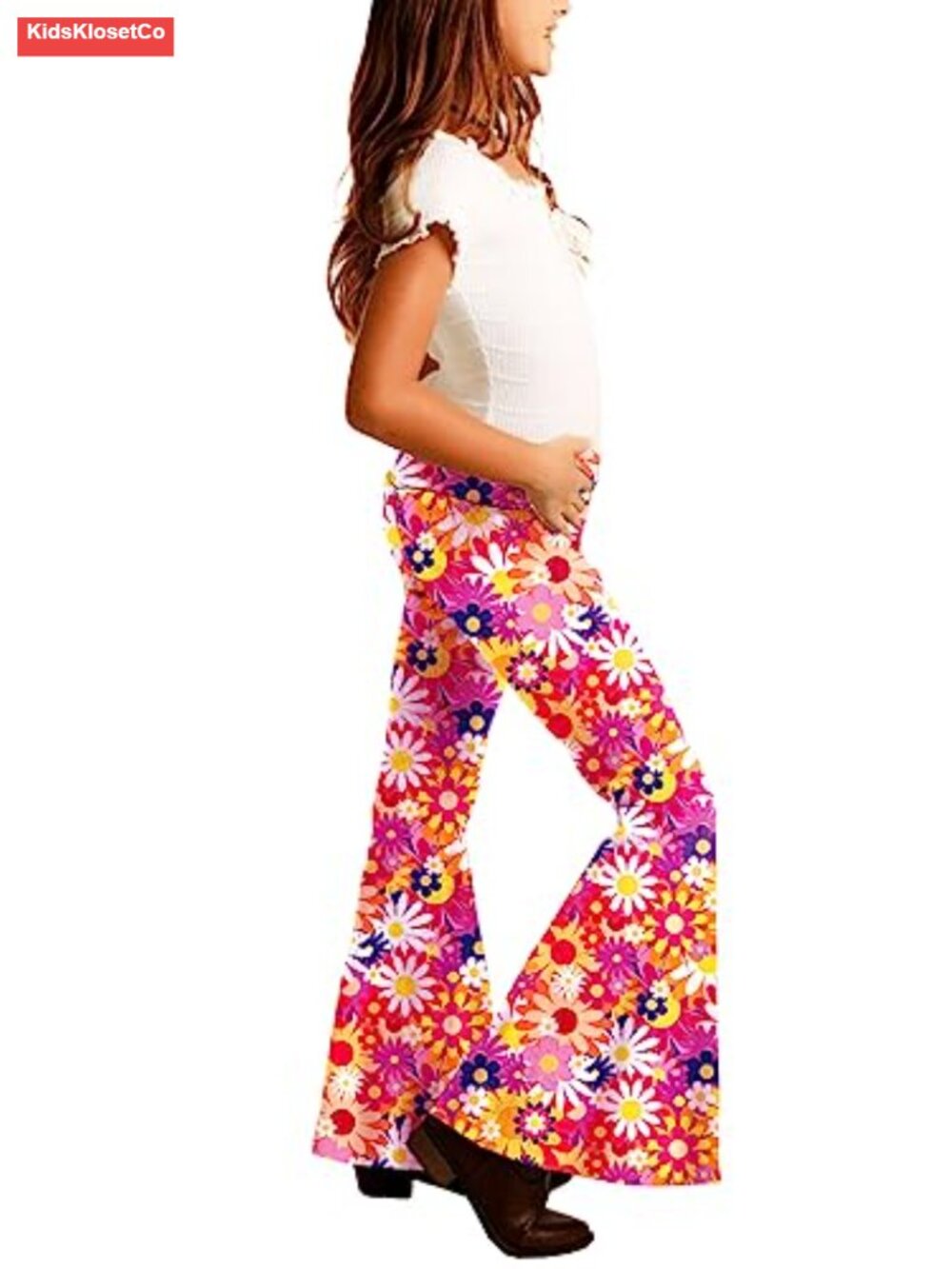 Girls High Waist Floral Flare Pants 60s 70s Hippie Bell Bottom - Picture 3 of 6